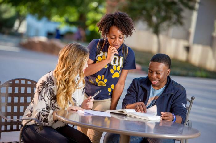 Group of students studying at a table.